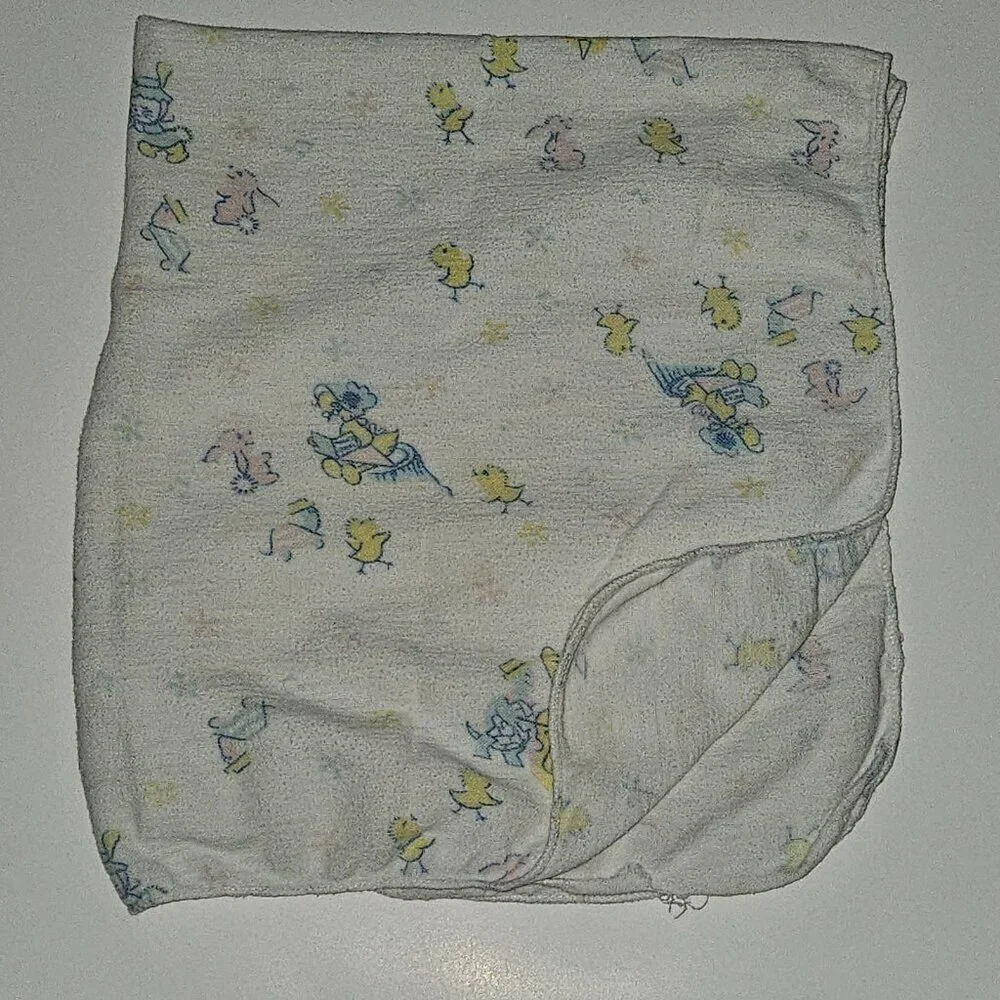 RARE VTG Receiving Blanket Chicks Bunny Turtle Cello Mother Goose READ